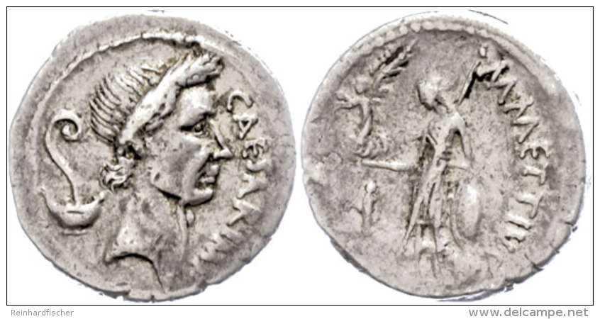 M. Mettius, Denar (3,55g), 44 V. Chr., Rom. Av: Kopf Nach Rechts, Dahinter Lituus Und Culullus, Davor "CAESAR IMP".... - République (-280 à -27)