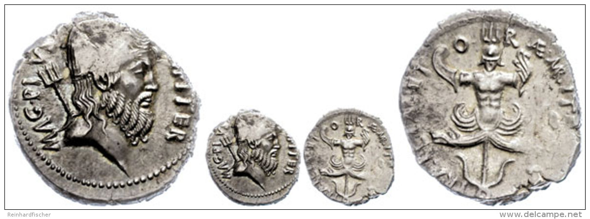 Sextus Pompeius Pius, Denar (3,90g), 42-36 V. Chr., Heeresmünzstätte Auf Sizilien. Av: Neptunkopf Nach... - République (-280 à -27)