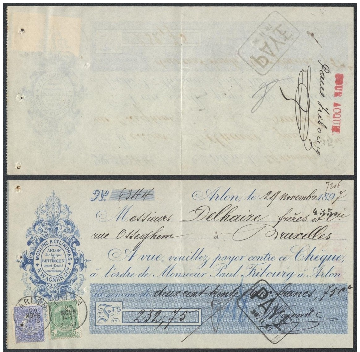 AB897 Reçu Moulins A Cylindres De Arlon à Bruxelles 1897 25+5Cent - Autres & Non Classés