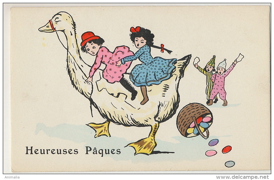 Petites Filles A Cheval Sur Une Oie Paques Girls Riding A Goose Easter Art Card - Cartes Humoristiques