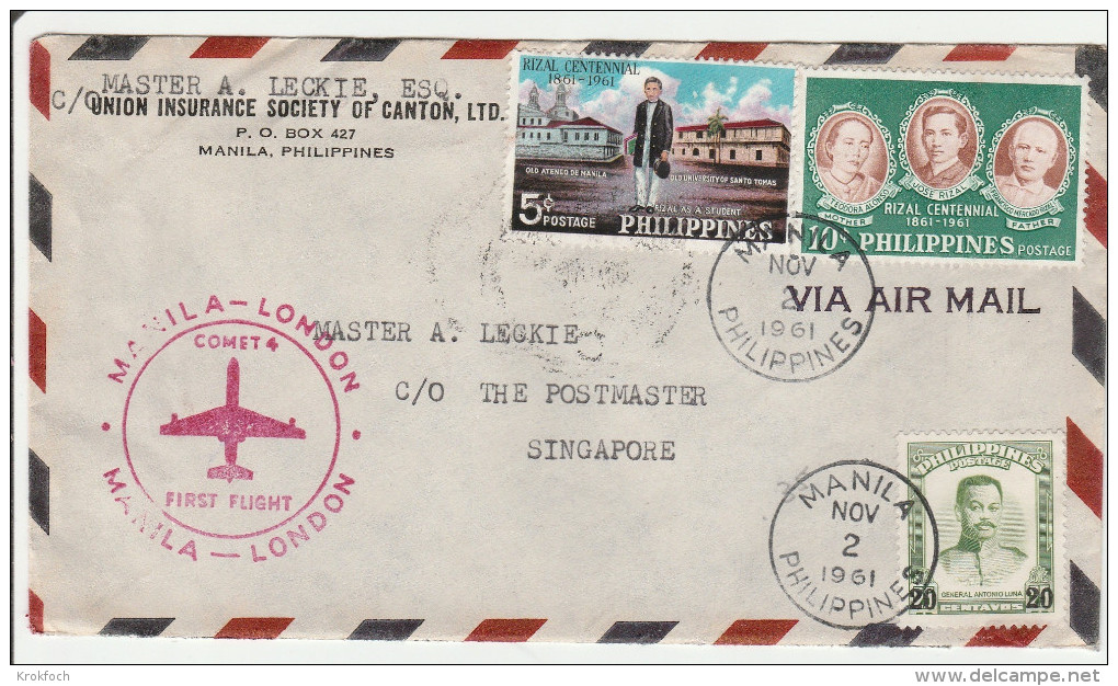 Manila Singapore London 1961 - First Flight Erstflug Vol - Comet 4 - Brief Lettre Cover - Philippinen