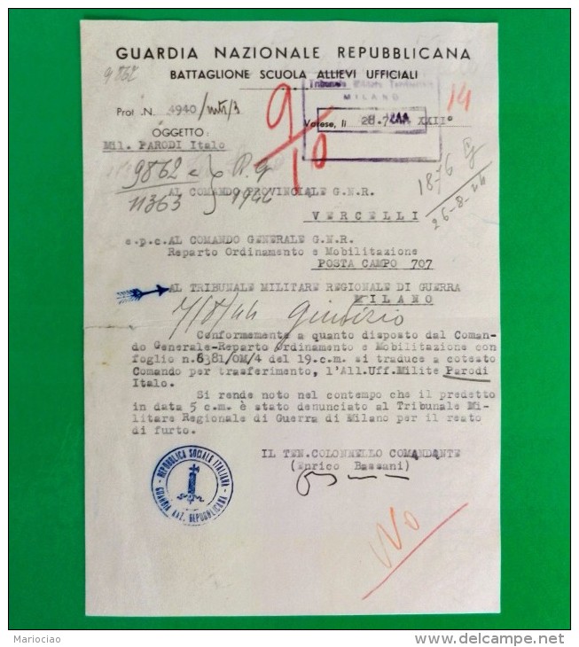 D-IT RSI Varese 1944 Dossier Di 4 Doc. RSI GUARDIA NAZIONALE REPUBBLICANA Varese - Documents Historiques