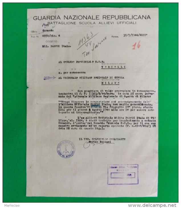 D-IT RSI Varese 1944 Dossier Di 4 Doc. RSI GUARDIA NAZIONALE REPUBBLICANA Varese - Documentos Históricos