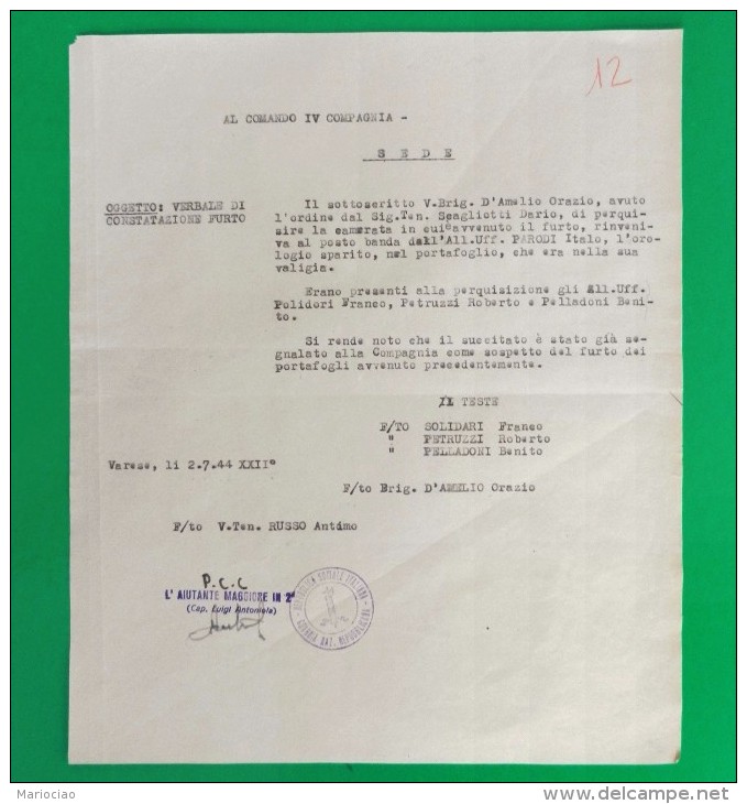 D-IT RSI Varese 1944 Dossier di 4 doc. RSI GUARDIA NAZIONALE REPUBBLICANA Varese