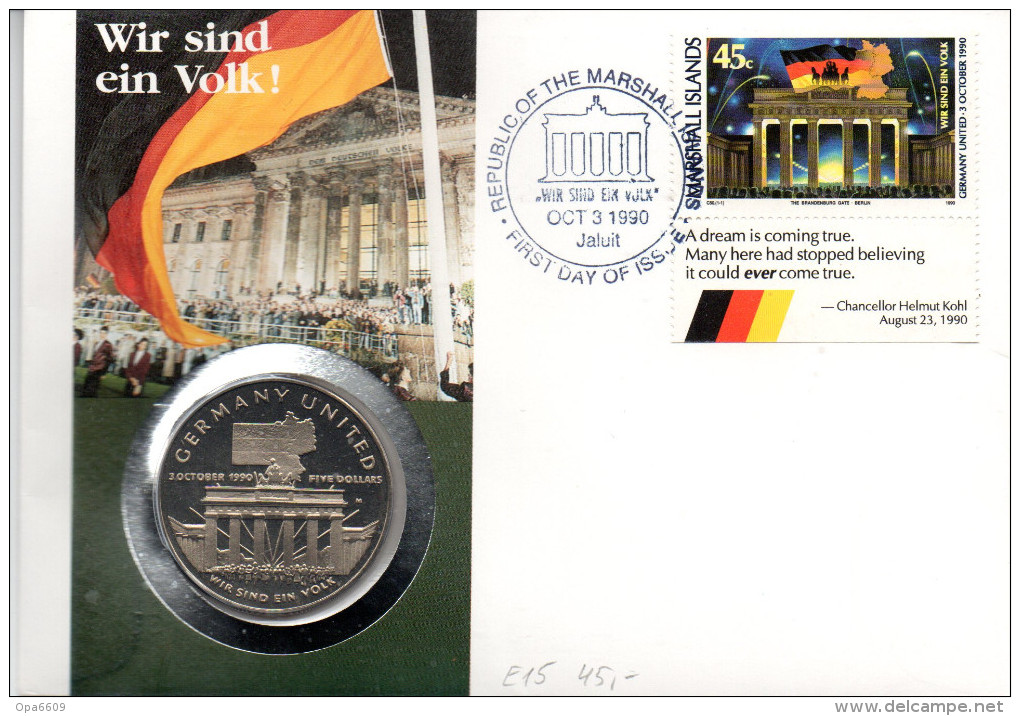 DDR Numisbrief "Wir Sind Ein Volk"3.Okt.90 Marshall Inseln Mit 5$ 1990 Brand. Tor (Münze)+45c. 1990 B.T. Marshall Inseln - Altri & Non Classificati