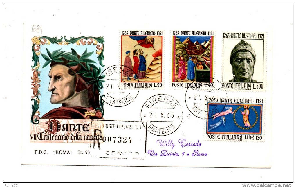 Fb681 - REPUBBLICA 1965 ,  Viaggiata A.F.  FIRENZE. DANTE - FDC