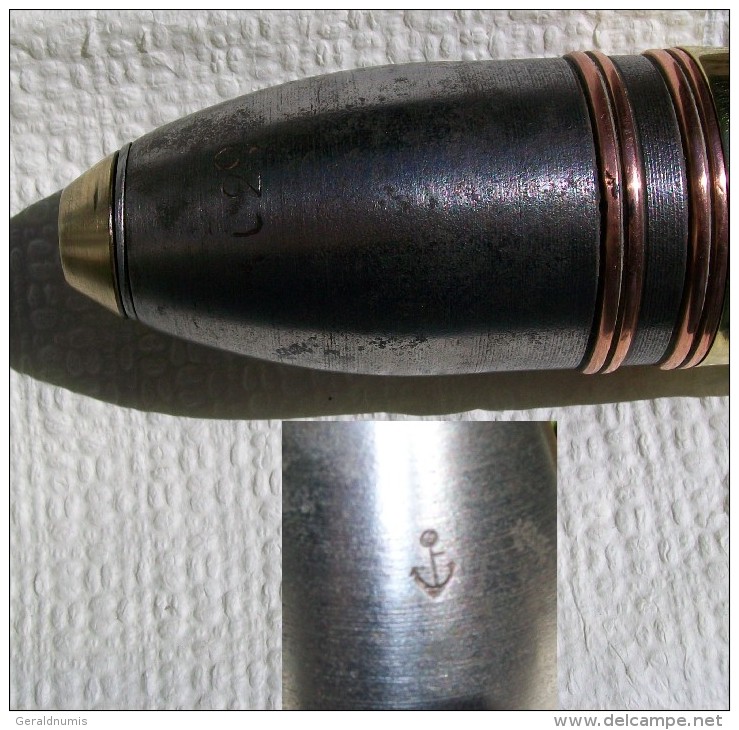 obus de 37 mm Français ww1 1914 neutra (amorce percutée,pas de fusée,douille et ogive vide )ancre de marine