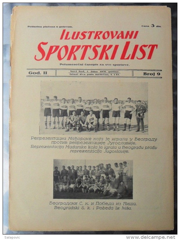 ILUSTROVANI SPORTSKI LIST, NOVI SAD  BR.9, 1931  KRALJEVINA JUGOSLAVIJA, NOGOMET, FOOTBALL - Libri