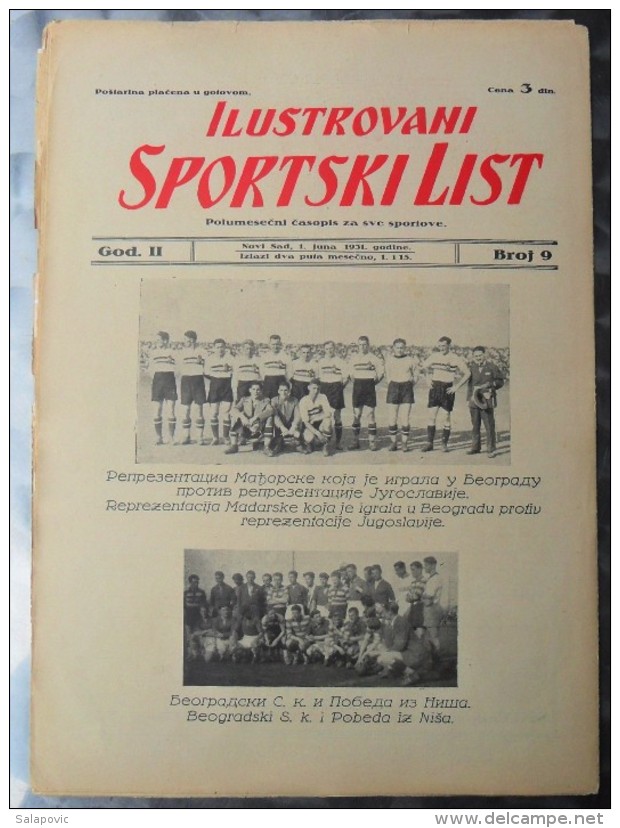 ILUSTROVANI SPORTSKI LIST, NOVI SAD  BR.9, 1931  KRALJEVINA JUGOSLAVIJA, NOGOMET, FOOTBALL - Livres