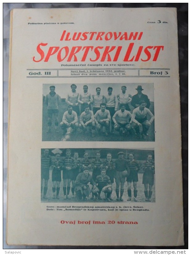 ILUSTROVANI SPORTSKI LIST, NOVI SAD  BR.3, 1932  KRALJEVINA JUGOSLAVIJA, NOGOMET, FOOTBALL - Livres