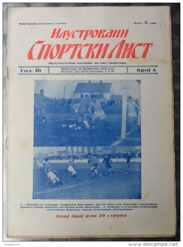 ILUSTROVANI SPORTSKI LIST, NOVI SAD  BR.4, 1932  KRALJEVINA JUGOSLAVIJA, NOGOMET, FOOTBALL - Libri