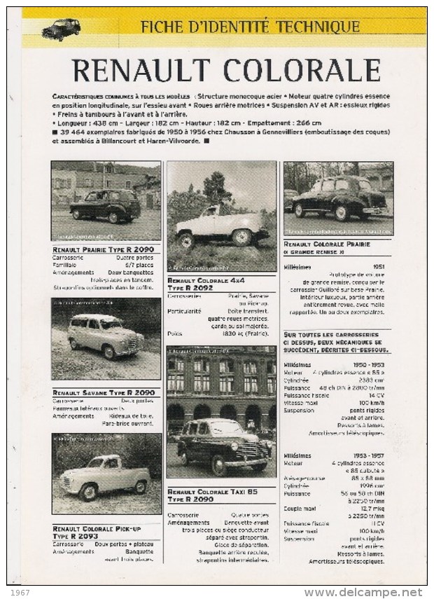 Fiche D'IdentitéTechnique  21 X 29,5 Cm  -  LA RENAULT COLORALE "SAVANE" (Caractéristiques Et Photo) 2 Scans - Voitures