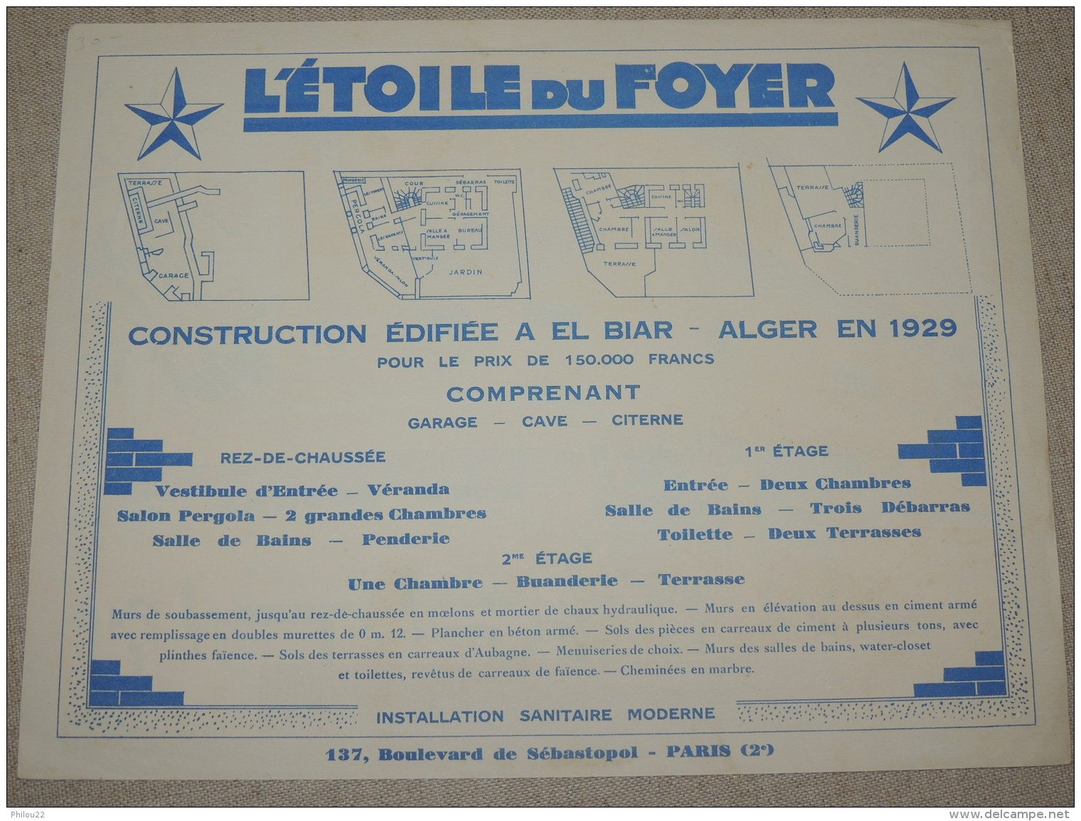 ARCHITECTURE  EL BIAR  ALGER  ALGERIE  1929  Belle Planche En Couleur - Publicités