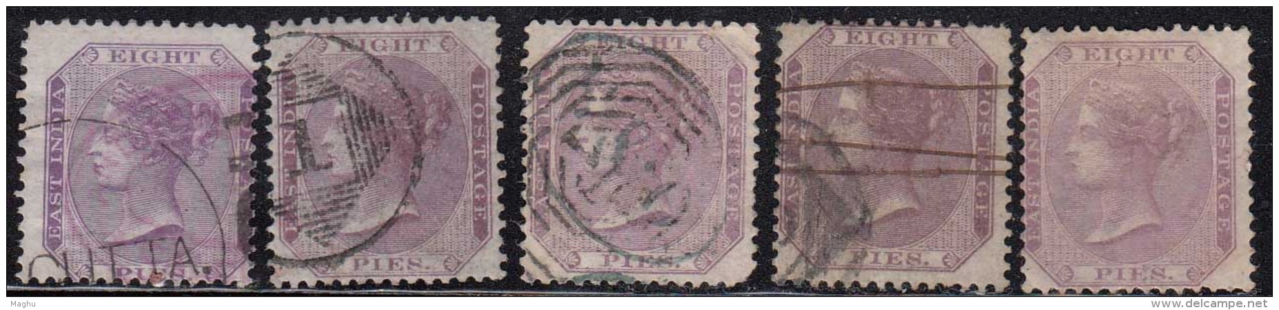 8p X 5 Diff Shades / Variety, Eight Pies , British East India 1860, QV Used, No Watermark - 1854 Britse Indische Compagnie