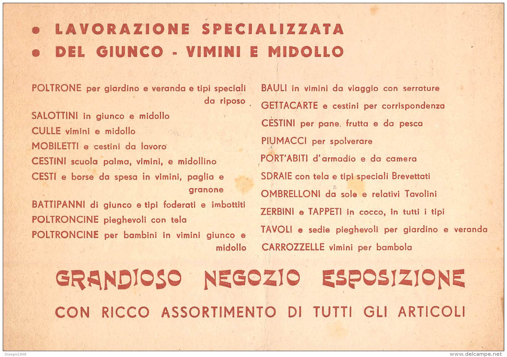 05356 "F.LLI CASTANO - MILANO - IND. MOBILI GIUNCO - MIDOLLO - ART. VIMINI E CESTERIE"  CARTONCINO PUBBLICIT. ORIG. - Pubblicitari