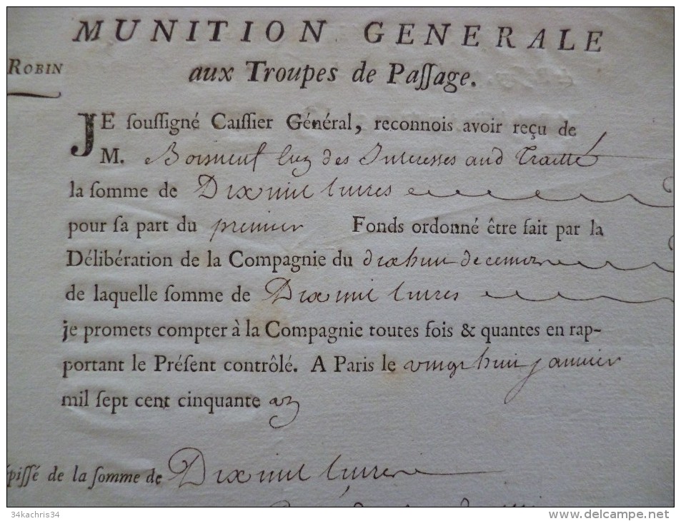 Munition Générale Aux Troupes De Passages Autographe. N°17 Pierre Robin Reconnaissance Paris 1850 - Documentos