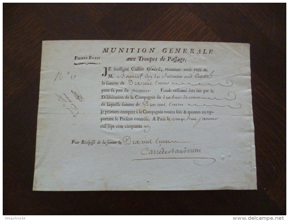 Munition Générale Aux Troupes De Passages Autographe. N°17 Pierre Robin Reconnaissance Paris 1850 - Documentos