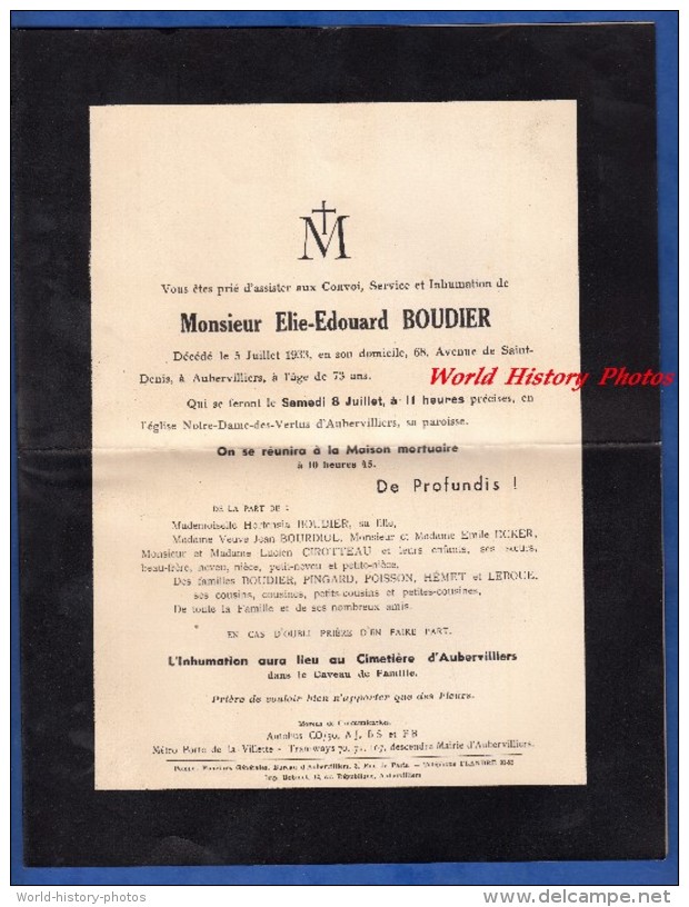 Faire-Part De Décés - AUBERVILLERS - Monsieur Elie Edouard BOUDIER Décédé Le 5 Juillet 1933 - Décès