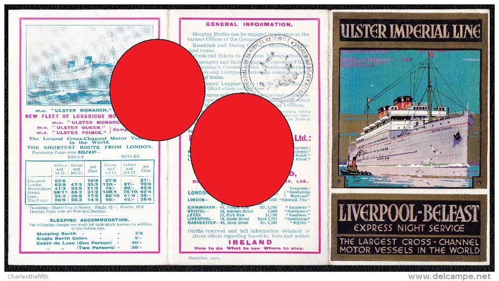 RARE TRAVEL BROCHURE " ULSTER IMPERIAL LINE - LIVERPOOL BELFAST 1926 " 2 SCANS - Reiseprospekte