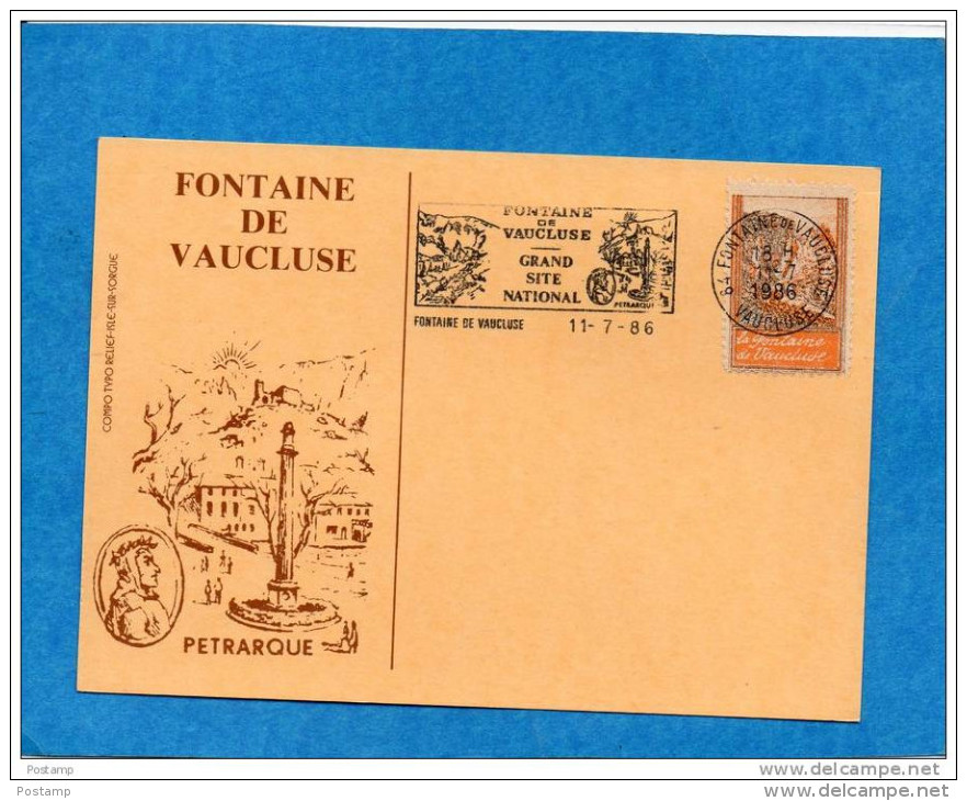 Carte Postale Illustrée-fontaine De Vaucluse-Pétrarque +vignette Concordante Et Oblitération Flamme1986 - Tourism (Labels)