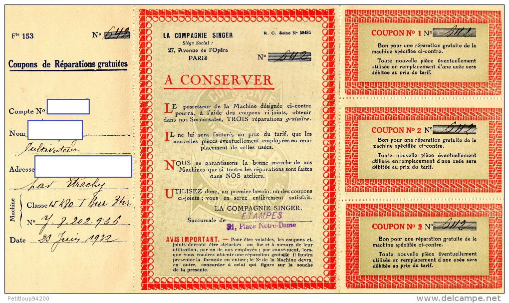 DOCUMENTS COMMERCIAUX  Compagnie Singer SERVICE APRES VENTE  Coupons De Réparations Gratuites ANNEE 1932 - Autres & Non Classés