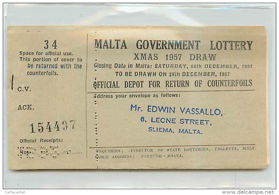 BIGLIETTI DELLA LOTTERIA DI MALTA. THE MALTA LOTTERY - 1957 - Altri & Non Classificati