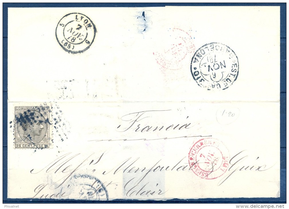 1878 , BARCELONA , ENVUELTA CIRCULADA A LYON , MAT. ROMBO , TRÉBOL DE BARCELONA , ESPAGNE - CERBERES - LYON , LLEGADA - Lettres & Documents