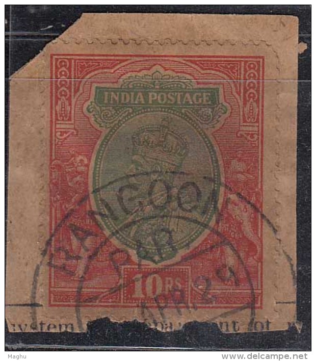 Rs 10 On Piece, British India Used In Burma, Rangoon  1929, King George V, - Birmanie (...-1947)