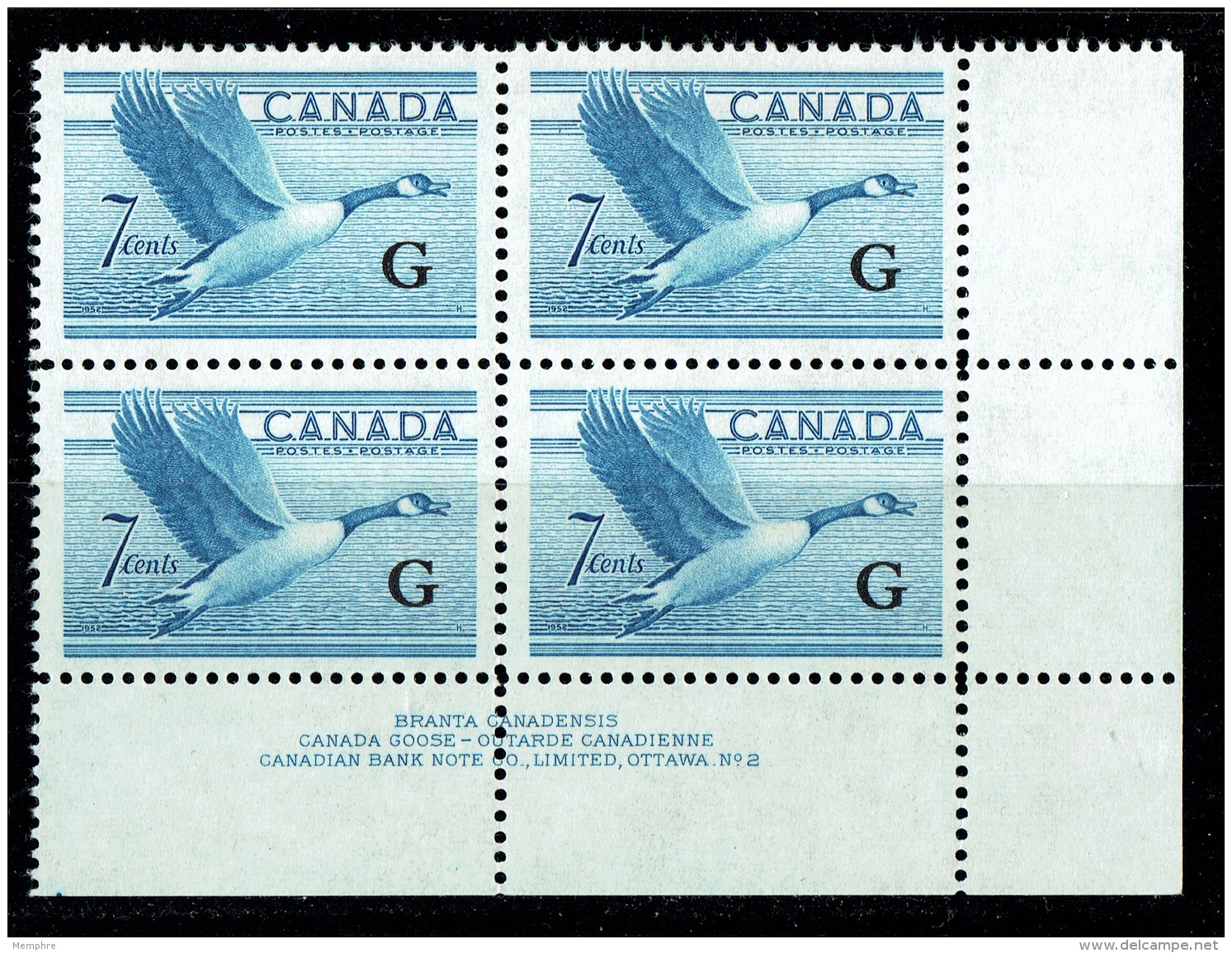 1953  Canadian Goose  Sc O31  LR PLate Block No 2  MH - Overprinted