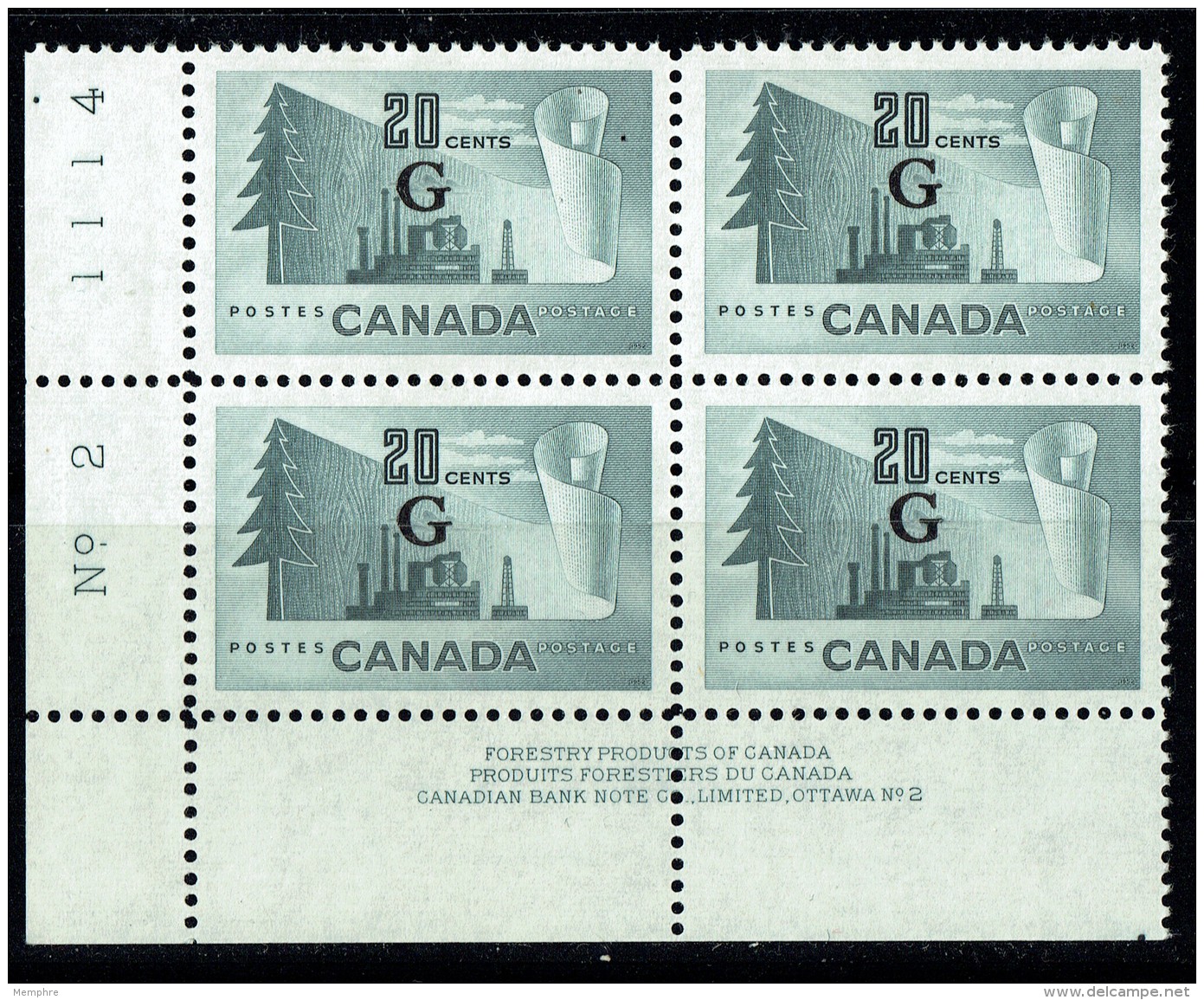 1952  Forestry Products  LR Plate Block No 2   MH - Surchargés