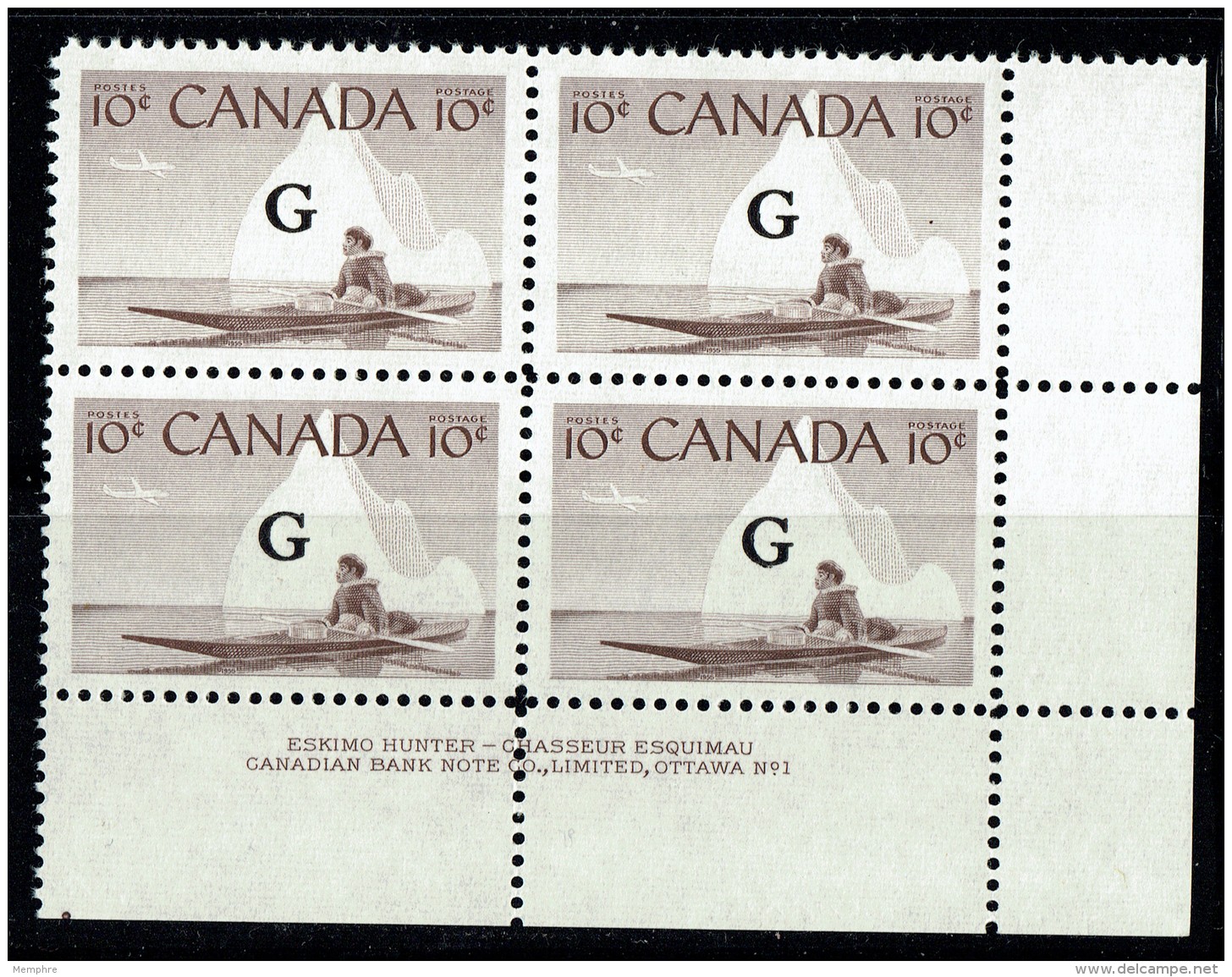 1955  Inuk In Kayak  Sc )39   LR Plate Block No 1   MH - Aufdrucksausgaben