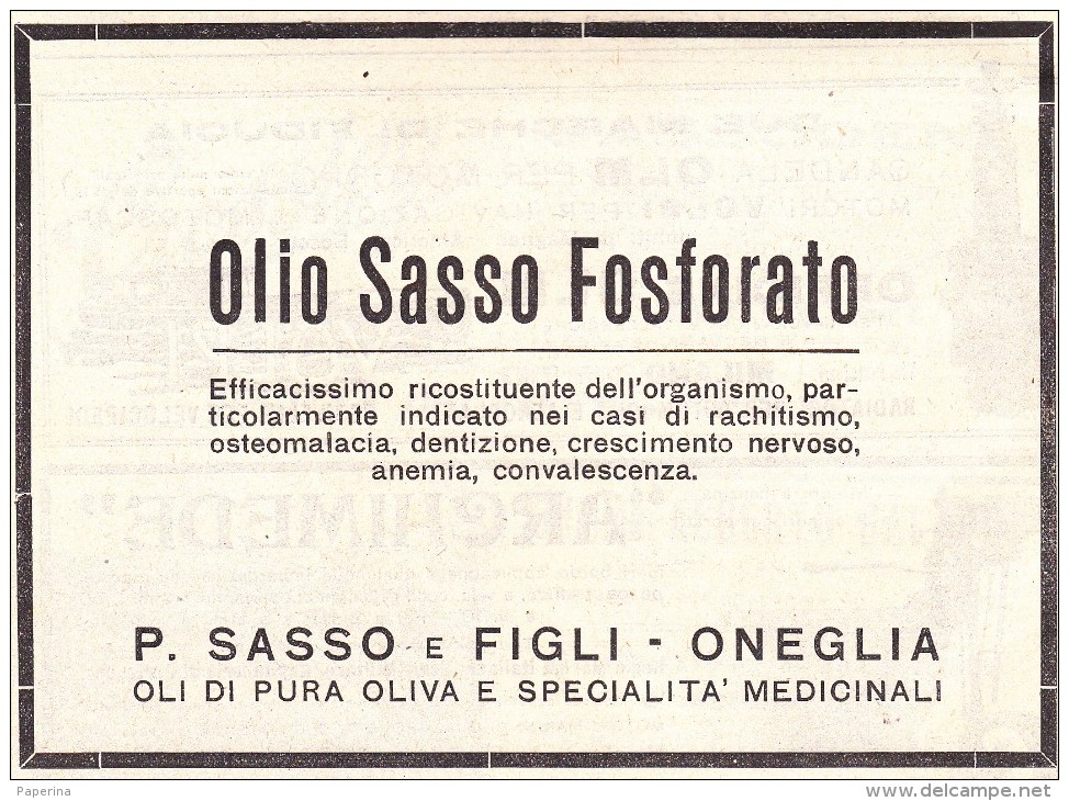 OLIO SASSO FOSFORATO P. SASSO E FIGLI ONEGLIA  1920 PUBBLICITA´  RIT. DA GIORNALE - Advertising