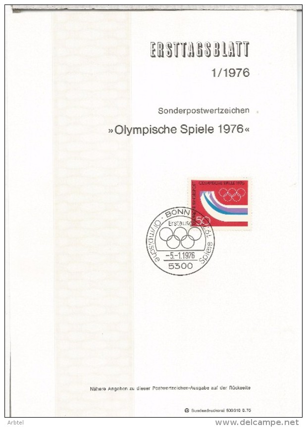 ALEMANIA DOCUMENTO PRIMER DIA JUEGOS OLIMPICOS INVIERNO DE 1976 INNSBRUCK - Invierno 1976: Innsbruck