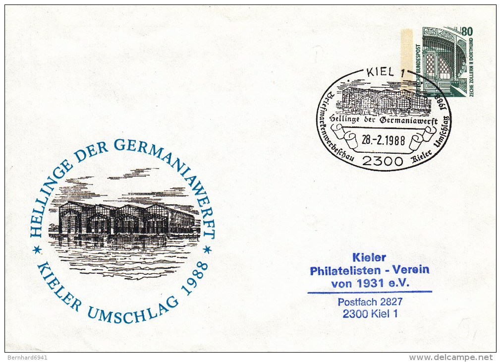 P U 288/43  Kieler Umschlag 1988 - Hellingen Der Germaniawerft, Kiel 1 - Buste Private - Usati