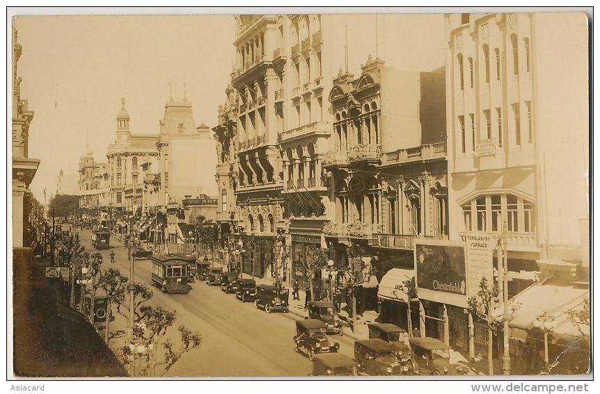 Montevideo  Real Photo Calle 18 De Julio Tranvia Tram Propaganda Cigarillos Chesterfield - Uruguay