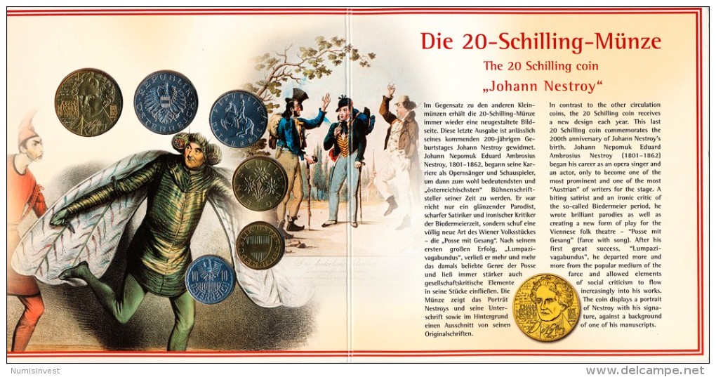 AUSTRIA OFFICIAL SHILLNG MINT SET KMS 6 COINS JOHANN NESTROY 2001 UNC - Autriche