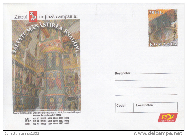 42102- SNAGOV MONASTERY, INTERIOR, WALL PAINTING, COVER STATIONERY, 2004, ROMANIA - Klöster