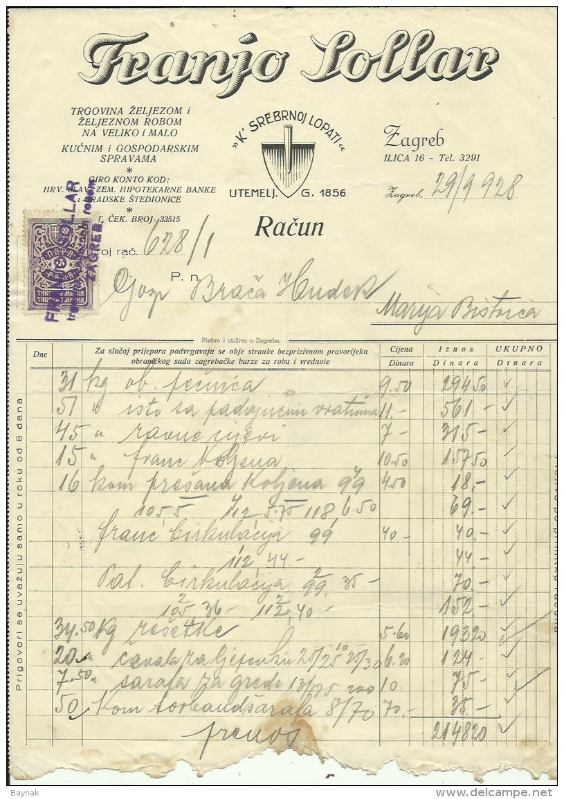 CROATIA, ZAGREB  --   FRANJO  SOLLAR   --   FACTURA, INVOICE   --   WITH TAX STAMP  -- 1928 - Otros & Sin Clasificación