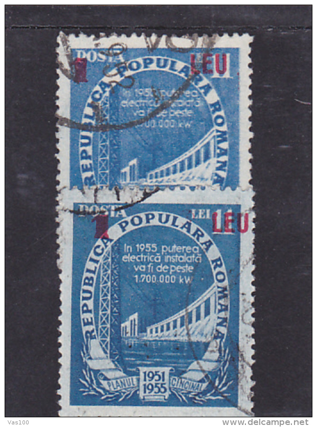 ERROR,FIVE YEAR PLAN,1952,MOVED OVERPRINT,1 LEU,COVER VARIATY,USED STAMPS,ROMANIA. - Abarten Und Kuriositäten