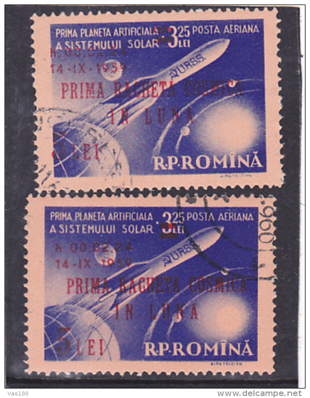 ERROR,SPACE,FIRST ARTIFICIAL PLANET IN THE SOLAR SYSTEM,OVERPRINT 1959,COLOR VARIATY,USED STAMPS,ROMANIA. - Errors, Freaks & Oddities (EFO)