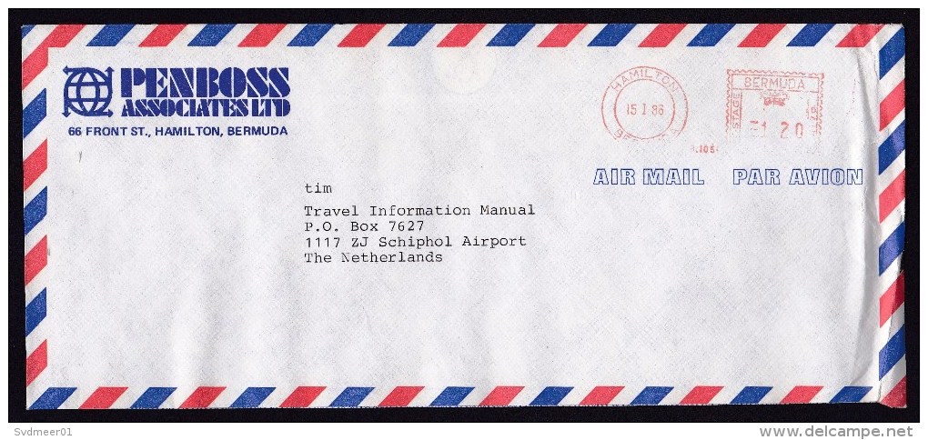 Bermuda: Airmail Cover To Netherlands, 1986, Meter Cancel (crease) - Bermudas