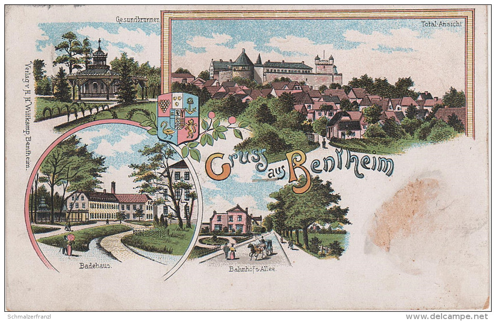 Litho AK Gruss Bad Bentheim Burg Gesundbrunnen Badehaus Bahnhofsallee Bahnhof ? Bei Schüttorf Samern Quendorf Nordhorn - Bentheim