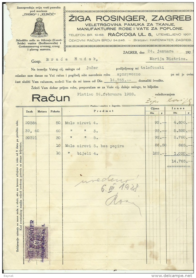 CROATIA, ZAGREB  --  ZIGA ROSINGER    --  JEWISH STORE  --    FACTURA, INVOICE   --   1926  --   WITH TAX STAMP - Other & Unclassified