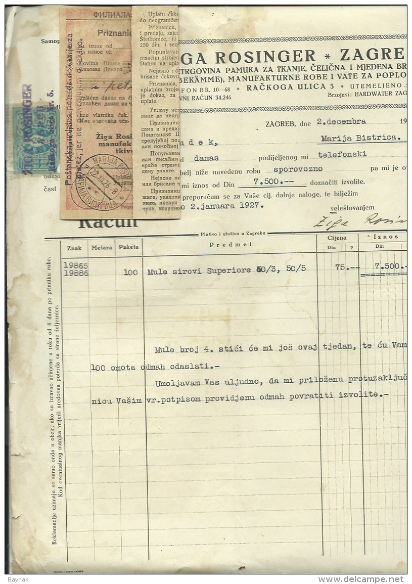 CROATIA, ZAGREB  --  ZIGA ROSINGER    --  JEWISH STORE  --    FACTURA, INVOICE   --   1926  --   WITH TAX STAMP - Other & Unclassified