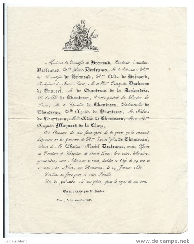 Epoque Louis-Philippe/La Comtesse De Brémont/Duchesne De Vauvert/Louise Julie De CHANTREAU/NIORT/Deux Sévres /1835 FPD68 - Todesanzeige