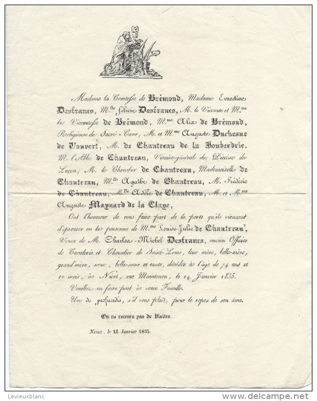 Epoque Louis-Philippe/La Comtesse De Brémont/Duchesne De Vauvert/Louise Julie De CHANTREAU/NIORT/Deux Sévres /1835 FPD68 - Obituary Notices