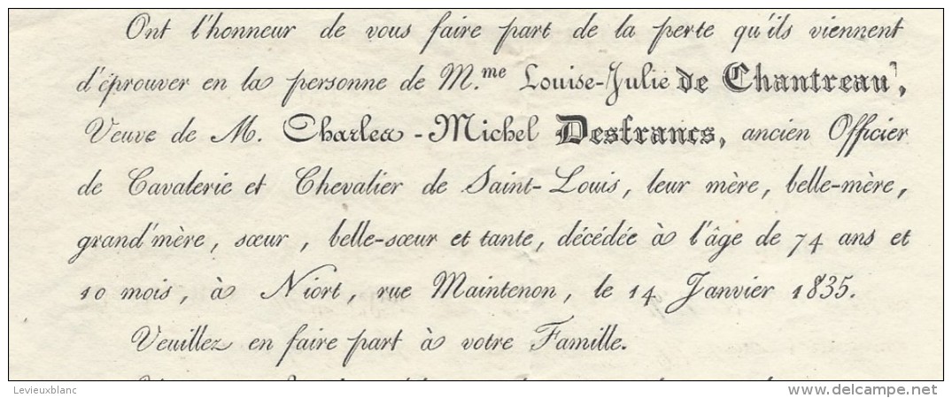 Epoque Louis-Philippe/La Comtesse De Brémont/Duchesne De Vauvert/Louise Julie De CHANTREAU/NIORT/Deux Sévres /1835 FPD68 - Overlijden
