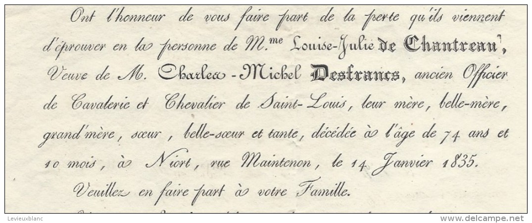 Epoque Louis-Philippe/La Comtesse De Brémont/Duchesne De Vauvert/Louise Julie De CHANTREAU/NIORT/Deux Sévres /1835 FPD68 - Décès