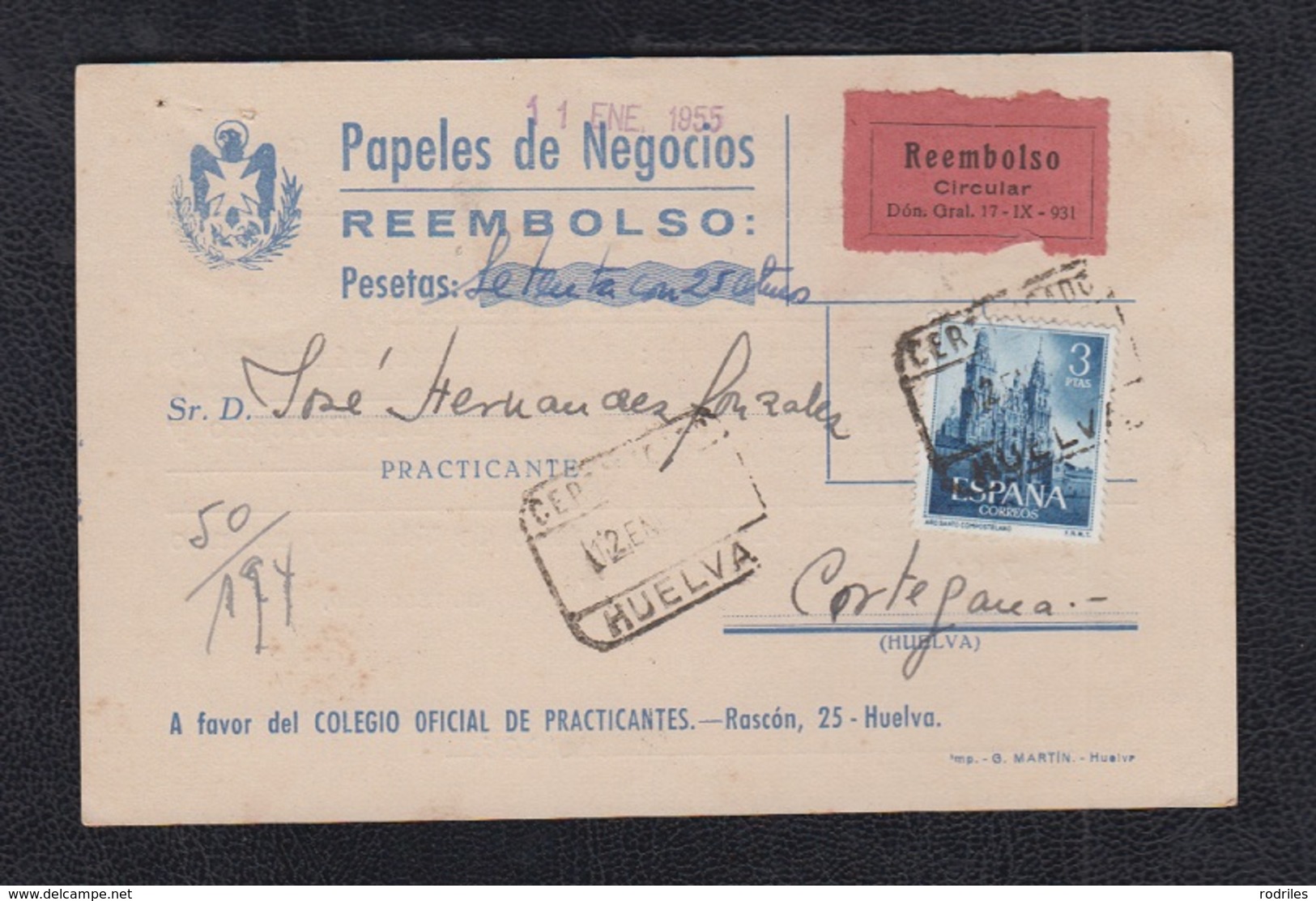 1955.-  HUELVA A CORTEGANA - Cartas & Documentos