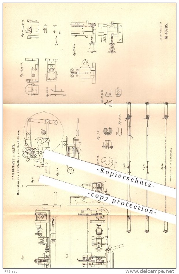 Original Patent - Jean Bénazet , Reims , 1888 , Herstellung Von Drahtlitzen , Draht , Litze , Metall , Metallbearbeitung - Historische Dokumente